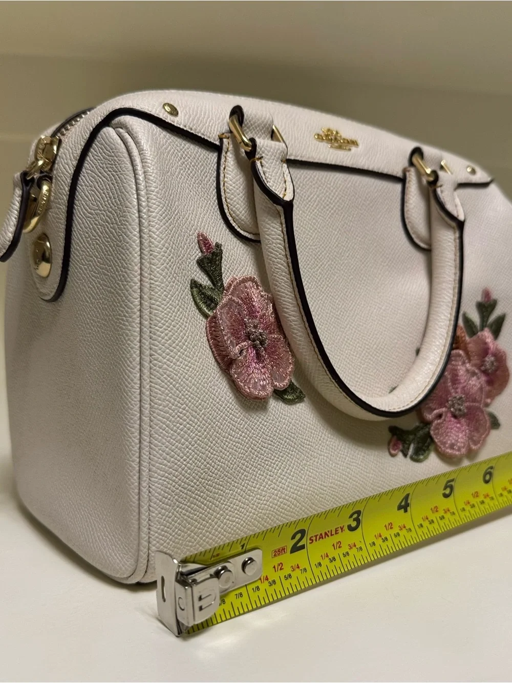 Coach White Leather Satchel with Pink Floral Embroidery